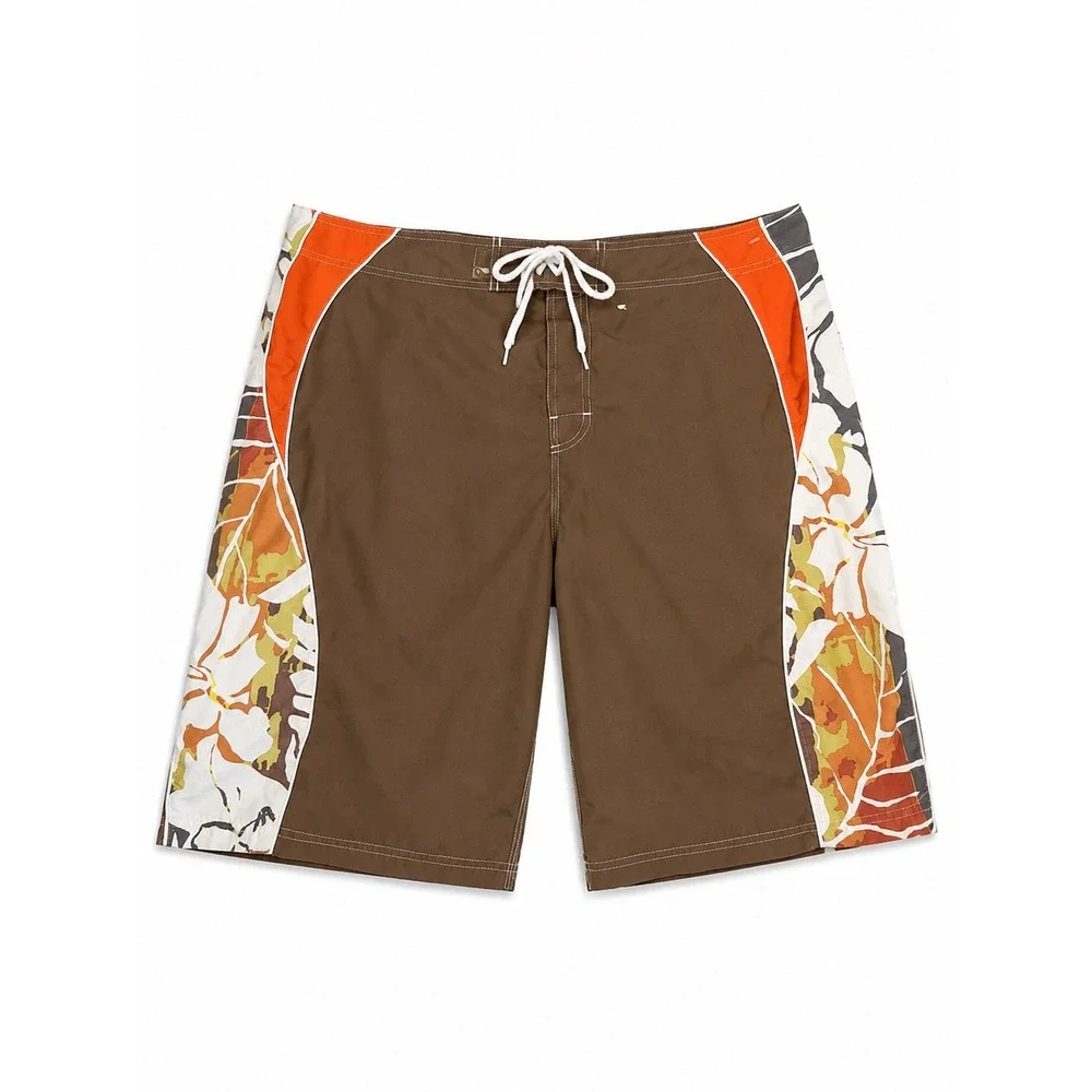 Beach Rays Mens Brown Floral Board Shorts Size 38 Orange Trim Swim Trunks